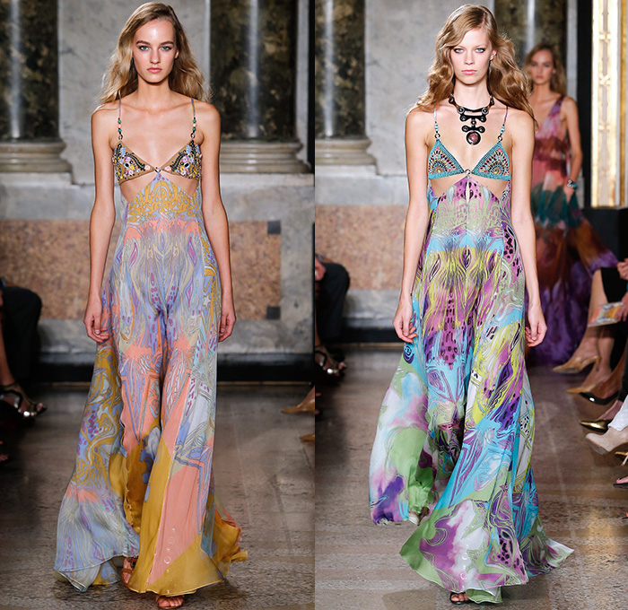 Emilio Pucci 2015 Spring Summer Womens Runway Looks - Milano Moda Donna Collezione Milan Fashion Week Italy Camera Nazionale della Moda Italiana - 1960s Sixties 1970s Seventies Maxi Dress Goddess Gown Halter Top Tie-Dye Drapery Bejeweled Suede Lace Embroidery Fringes Crochet Flare Hippie Boho Bohemian Flowers Florals Print Studs Geometric Sheer Chiffon Tiered Boots Noodle Spaghetti Strap Jumpsuit