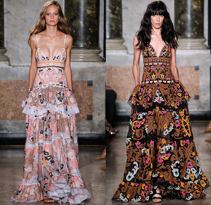 Emilio Pucci 2015 Spring Summer Womens Runway Looks - Milano Moda Donna Collezione Milan Fashion Week Italy Camera Nazionale della Moda Italiana - 1960s Sixties 1970s Seventies Maxi Dress Goddess Gown Halter Top Tie-Dye Drapery Bejeweled Suede Lace Embroidery Fringes Crochet Flare Hippie Boho Bohemian Flowers Florals Print Studs Geometric Sheer Chiffon Tiered Boots Noodle Spaghetti Strap Jumpsuit