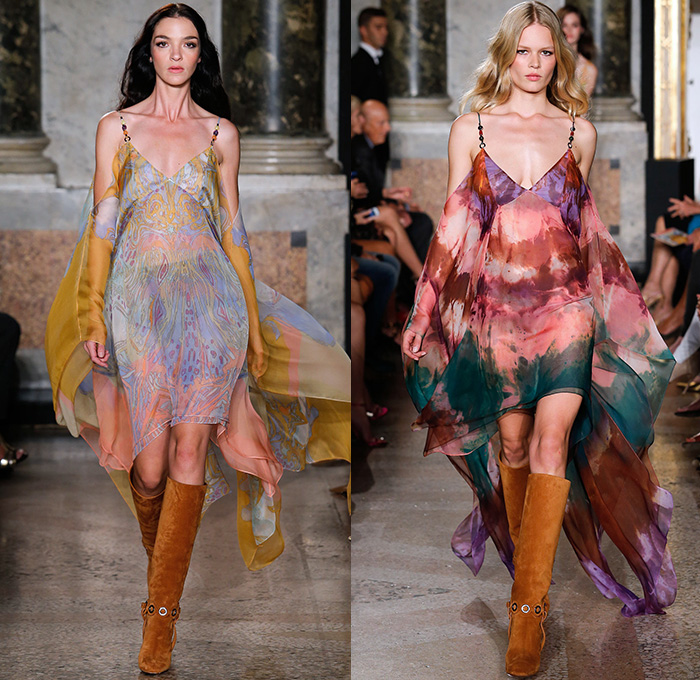 Emilio Pucci 2015 Spring Summer Womens Runway Looks - Milano Moda Donna Collezione Milan Fashion Week Italy Camera Nazionale della Moda Italiana - 1960s Sixties 1970s Seventies Maxi Dress Goddess Gown Halter Top Tie-Dye Drapery Bejeweled Suede Lace Embroidery Fringes Crochet Flare Hippie Boho Bohemian Flowers Florals Print Studs Geometric Sheer Chiffon Tiered Boots Noodle Spaghetti Strap Jumpsuit