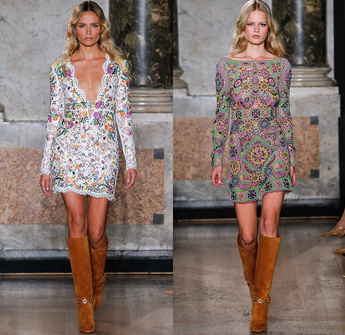 Emilio Pucci 2015 Spring Summer Womens Runway Looks - Milano Moda Donna Collezione Milan Fashion Week Italy Camera Nazionale della Moda Italiana - 1960s Sixties 1970s Seventies Maxi Dress Goddess Gown Halter Top Tie-Dye Drapery Bejeweled Suede Lace Embroidery Fringes Crochet Flare Hippie Boho Bohemian Flowers Florals Print Studs Geometric Sheer Chiffon Tiered Boots Noodle Spaghetti Strap Jumpsuit