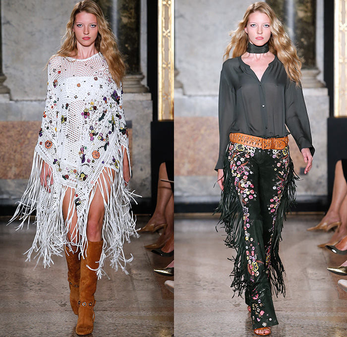 Emilio Pucci 2015 Spring Summer Womens Runway Looks - Milano Moda Donna Collezione Milan Fashion Week Italy Camera Nazionale della Moda Italiana - 1960s Sixties 1970s Seventies Maxi Dress Goddess Gown Halter Top Tie-Dye Drapery Bejeweled Suede Lace Embroidery Fringes Crochet Flare Hippie Boho Bohemian Flowers Florals Print Studs Geometric Sheer Chiffon Tiered Boots Noodle Spaghetti Strap Jumpsuit