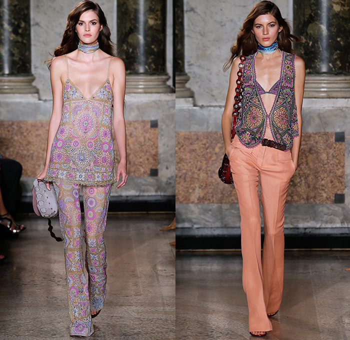 Emilio Pucci 2015 Spring Summer Womens Runway Looks - Milano Moda Donna Collezione Milan Fashion Week Italy Camera Nazionale della Moda Italiana - 1960s Sixties 1970s Seventies Maxi Dress Goddess Gown Halter Top Tie-Dye Drapery Bejeweled Suede Lace Embroidery Fringes Crochet Flare Hippie Boho Bohemian Flowers Florals Print Studs Geometric Sheer Chiffon Tiered Boots Noodle Spaghetti Strap Jumpsuit