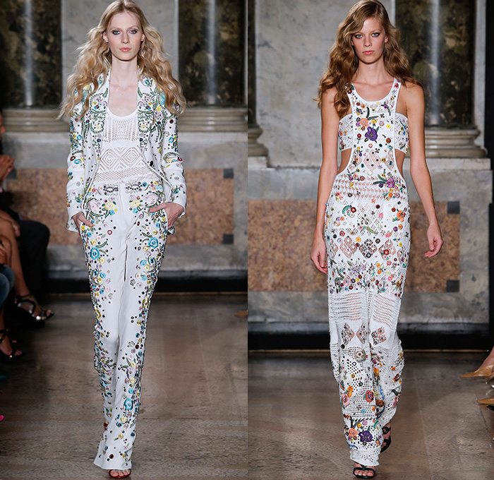 Emilio Pucci 2015 Spring Summer Womens Runway Looks - Milano Moda Donna Collezione Milan Fashion Week Italy Camera Nazionale della Moda Italiana - 1960s Sixties 1970s Seventies Maxi Dress Goddess Gown Halter Top Tie-Dye Drapery Bejeweled Suede Lace Embroidery Fringes Crochet Flare Hippie Boho Bohemian Flowers Florals Print Studs Geometric Sheer Chiffon Tiered Boots Noodle Spaghetti Strap Jumpsuit