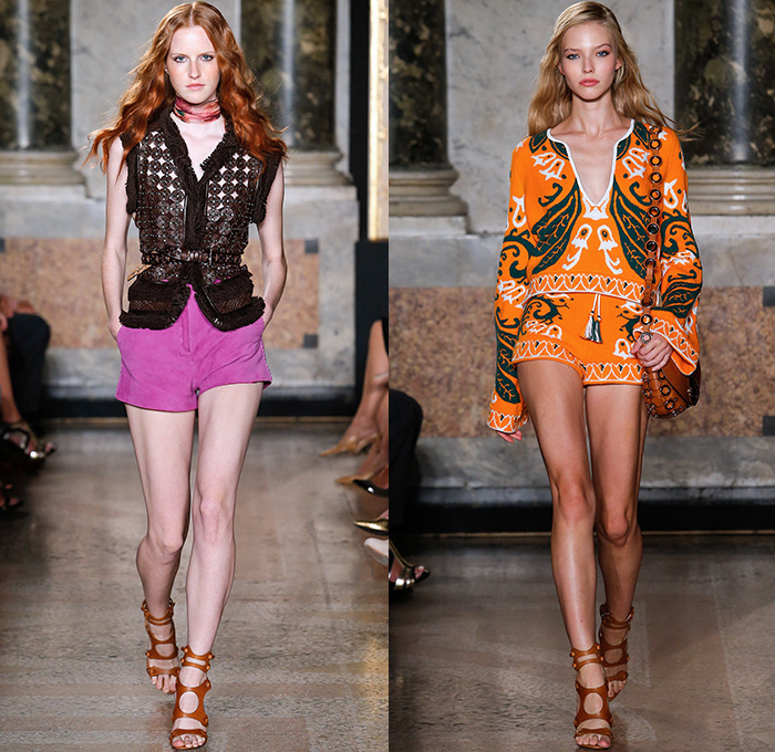 Emilio Pucci 2015 Spring Summer Womens Runway Looks - Milano Moda Donna Collezione Milan Fashion Week Italy Camera Nazionale della Moda Italiana - 1960s Sixties 1970s Seventies Maxi Dress Goddess Gown Halter Top Tie-Dye Drapery Bejeweled Suede Lace Embroidery Fringes Crochet Flare Hippie Boho Bohemian Flowers Florals Print Studs Geometric Sheer Chiffon Tiered Boots Noodle Spaghetti Strap Jumpsuit