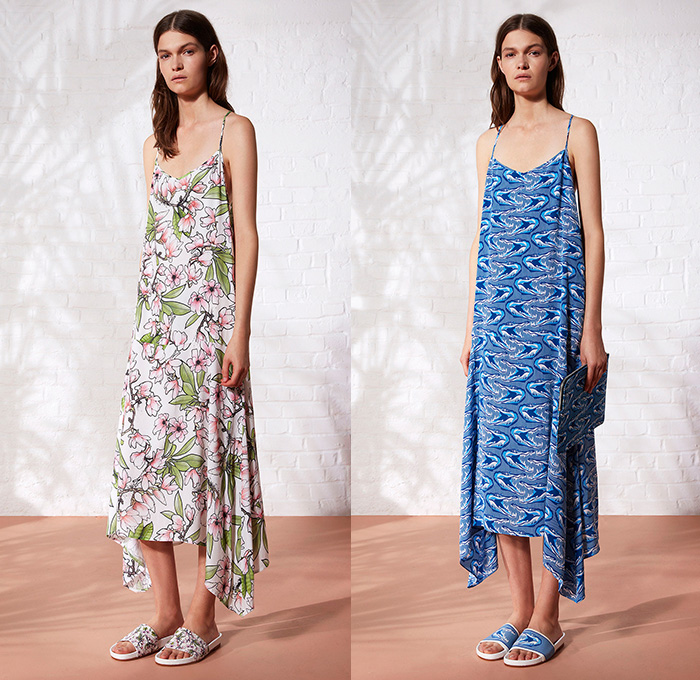 Emma Cook London UK 2015 Spring Summer Womens Lookbook Presentation - Tropical Seashells Flowers Foliage Magnolias Dress Wildlife Animals Crocodiles Alligators Bird Sheer Chiffon Stripes Shorts Ruffles Sweater Jumper Loungewear Outerwear Jacket Crop Top Midriff Kimono Wrap Fringes Mesh Crochet Knit Lace White Ensemble Noodle Spaghetti Strap