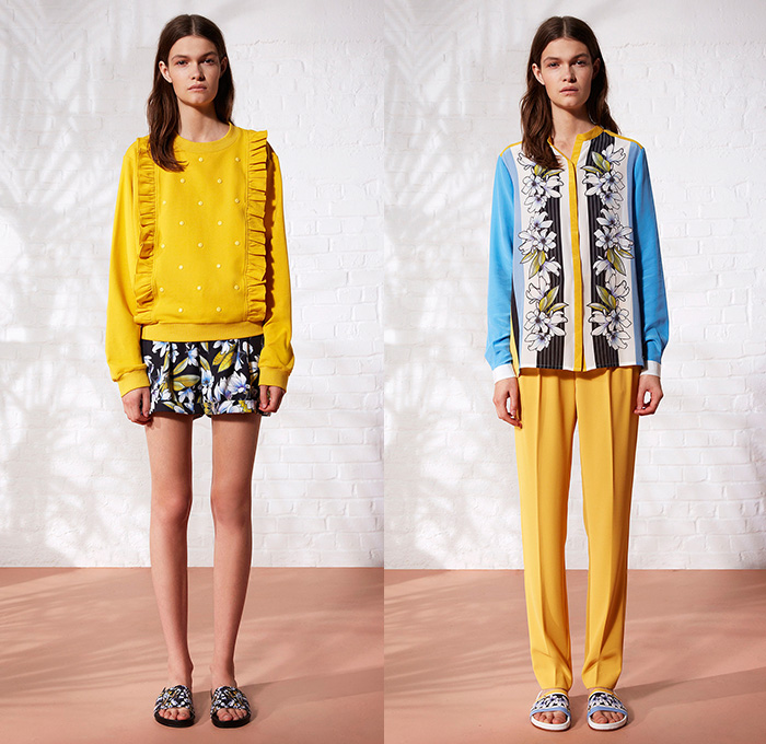 Emma Cook London UK 2015 Spring Summer Womens Lookbook Presentation - Tropical Seashells Flowers Foliage Magnolias Dress Wildlife Animals Crocodiles Alligators Bird Sheer Chiffon Stripes Shorts Ruffles Sweater Jumper Loungewear Outerwear Jacket Crop Top Midriff Kimono Wrap Fringes Mesh Crochet Knit Lace White Ensemble Noodle Spaghetti Strap