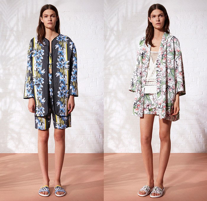 Emma Cook London UK 2015 Spring Summer Womens Lookbook Presentation - Tropical Seashells Flowers Foliage Magnolias Dress Wildlife Animals Crocodiles Alligators Bird Sheer Chiffon Stripes Shorts Ruffles Sweater Jumper Loungewear Outerwear Jacket Crop Top Midriff Kimono Wrap Fringes Mesh Crochet Knit Lace White Ensemble Noodle Spaghetti Strap