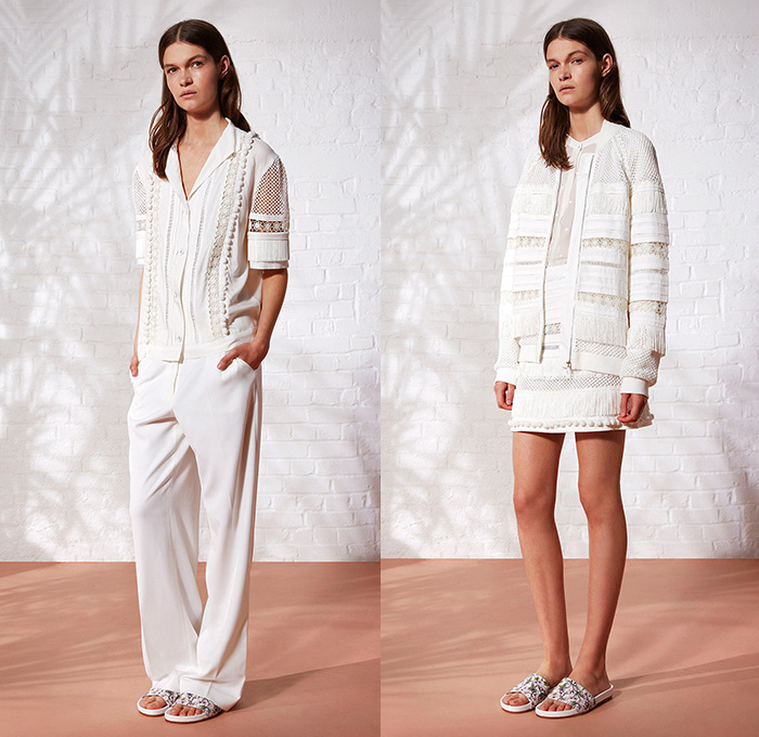 Emma Cook London UK 2015 Spring Summer Womens Lookbook Presentation - Tropical Seashells Flowers Foliage Magnolias Dress Wildlife Animals Crocodiles Alligators Bird Sheer Chiffon Stripes Shorts Ruffles Sweater Jumper Loungewear Outerwear Jacket Crop Top Midriff Kimono Wrap Fringes Mesh Crochet Knit Lace White Ensemble Noodle Spaghetti Strap