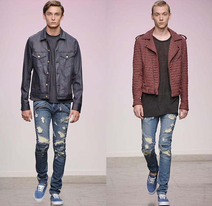 En Noir 2015 Spring Summer Mens Runway Catwalk Looks - New York Fashion Week - Denim Jeans Destroyed Destructed Ripped Holes Zipper Trucker Jacket Moto Motorcycle Biker Rider Bomber Jacket Multi Panel Sneakers Jogging Sweatpants Suit Blazer One Piece Onesie Jumpsuit Coveralls Shorts