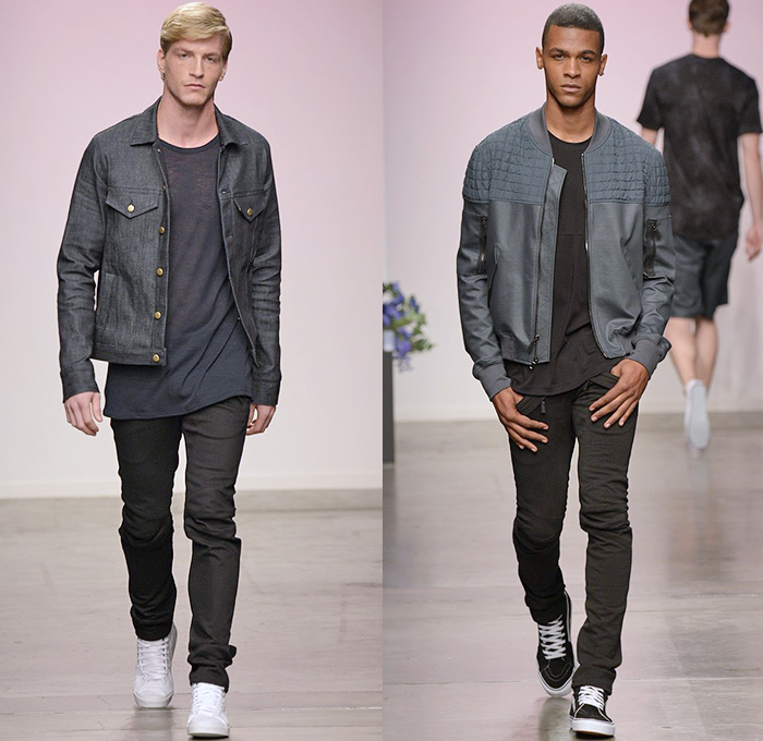 En Noir 2015 Spring Summer Mens Runway Catwalk Looks - New York Fashion Week - Denim Jeans Destroyed Destructed Ripped Holes Zipper Trucker Jacket Moto Motorcycle Biker Rider Bomber Jacket Multi Panel Sneakers Jogging Sweatpants Suit Blazer One Piece Onesie Jumpsuit Coveralls Shorts