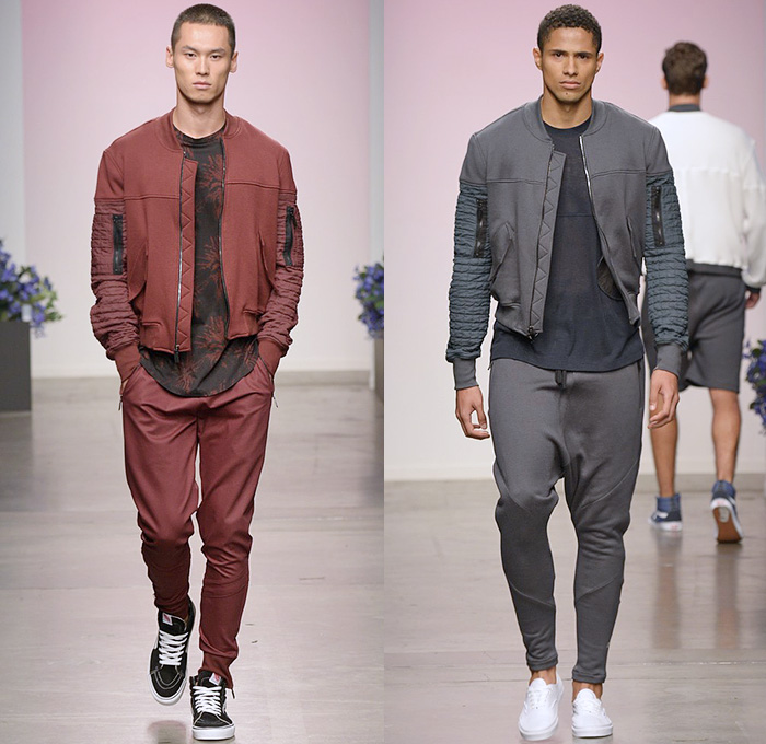 En Noir 2015 Spring Summer Mens Runway Catwalk Looks - New York Fashion Week - Denim Jeans Destroyed Destructed Ripped Holes Zipper Trucker Jacket Moto Motorcycle Biker Rider Bomber Jacket Multi Panel Sneakers Jogging Sweatpants Suit Blazer One Piece Onesie Jumpsuit Coveralls Shorts