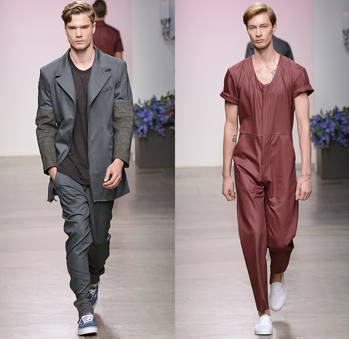 En Noir 2015 Spring Summer Mens Runway Catwalk Looks - New York Fashion Week - Denim Jeans Destroyed Destructed Ripped Holes Zipper Trucker Jacket Moto Motorcycle Biker Rider Bomber Jacket Multi Panel Sneakers Jogging Sweatpants Suit Blazer One Piece Onesie Jumpsuit Coveralls Shorts
