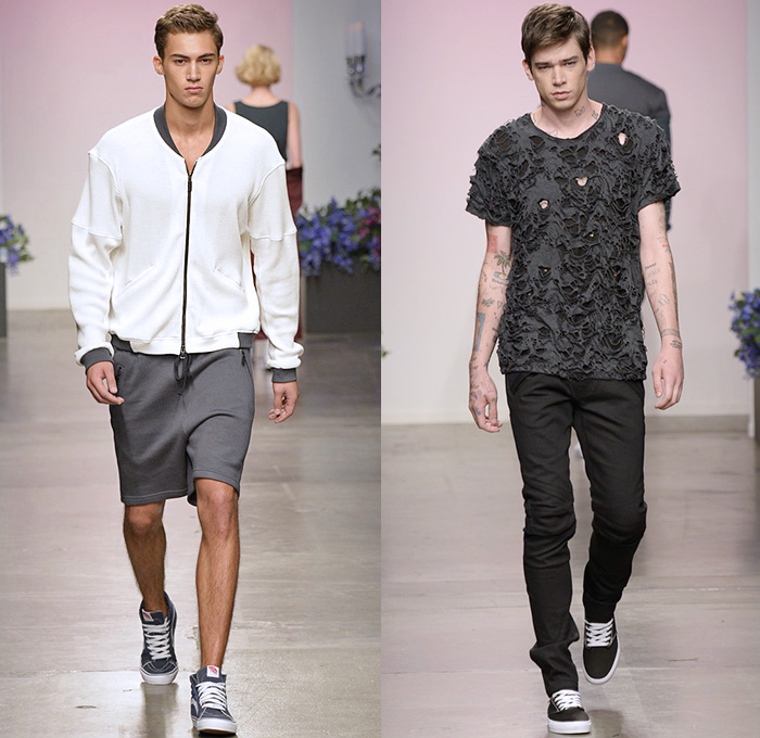 En Noir 2015 Spring Summer Mens Runway Catwalk Looks - New York Fashion Week - Denim Jeans Destroyed Destructed Ripped Holes Zipper Trucker Jacket Moto Motorcycle Biker Rider Bomber Jacket Multi Panel Sneakers Jogging Sweatpants Suit Blazer One Piece Onesie Jumpsuit Coveralls Shorts