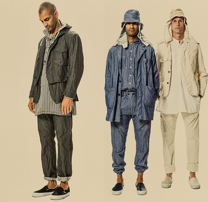 Engineered Garments New York 2015 Spring Summer Mens Lookbook Presentation - Designer Daiki Suzuki - Denim Jeans Stripes Field Bomber Safari Jacket Sneakers Bucket Hat Chambray Desert Military Workwear Vest Waistcoat Wide Leg Loose Baggy Shorts Harem Pants Trousers Sandals Outerwear Parka Coat Blazer Sportcoat Cargo Pockets Cropped Pants Flowers Foliage Seersucker Khaki Loafers Banded Strap Paisley Hoodie Onesie Jumpsuit Coveralls Overalls