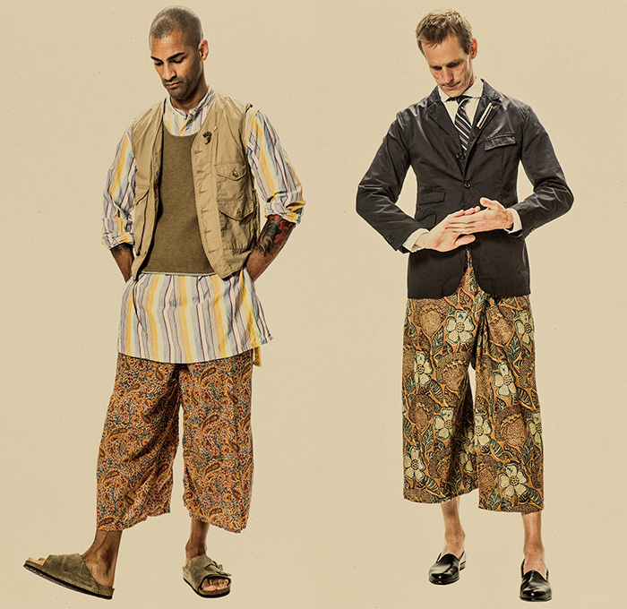 Engineered Garments New York 2015 Spring Summer Mens Lookbook Presentation - Designer Daiki Suzuki - Denim Jeans Stripes Field Bomber Safari Jacket Sneakers Bucket Hat Chambray Desert Military Workwear Vest Waistcoat Wide Leg Loose Baggy Shorts Harem Pants Trousers Sandals Outerwear Parka Coat Blazer Sportcoat Cargo Pockets Cropped Pants Flowers Foliage Seersucker Khaki Loafers Banded Strap Paisley Hoodie Onesie Jumpsuit Coveralls Overalls