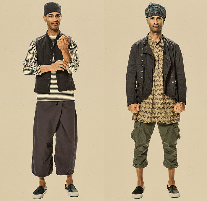 Engineered Garments New York 2015 Spring Summer Mens Lookbook Presentation - Designer Daiki Suzuki - Denim Jeans Stripes Field Bomber Safari Jacket Sneakers Bucket Hat Chambray Desert Military Workwear Vest Waistcoat Wide Leg Loose Baggy Shorts Harem Pants Trousers Sandals Outerwear Parka Coat Blazer Sportcoat Cargo Pockets Cropped Pants Flowers Foliage Seersucker Khaki Loafers Banded Strap Paisley Hoodie Onesie Jumpsuit Coveralls Overalls