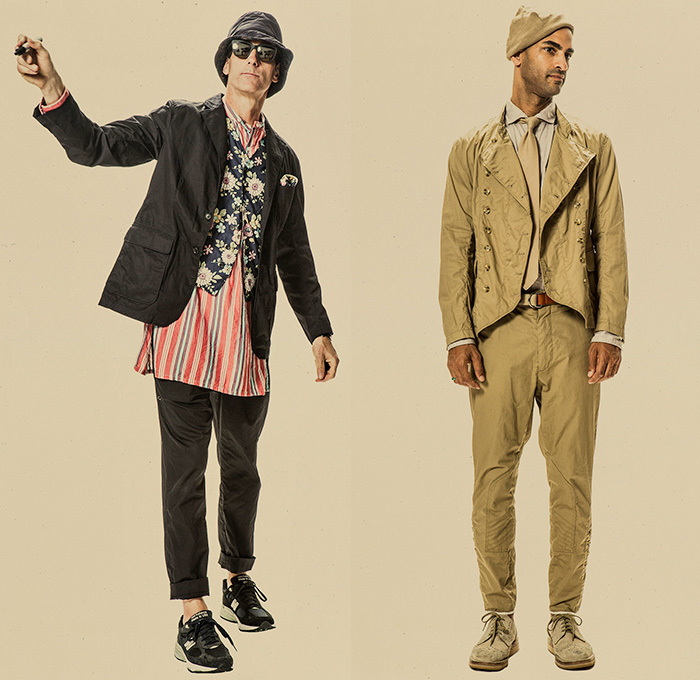 Engineered Garments New York 2015 Spring Summer Mens Lookbook Presentation - Designer Daiki Suzuki - Denim Jeans Stripes Field Bomber Safari Jacket Sneakers Bucket Hat Chambray Desert Military Workwear Vest Waistcoat Wide Leg Loose Baggy Shorts Harem Pants Trousers Sandals Outerwear Parka Coat Blazer Sportcoat Cargo Pockets Cropped Pants Flowers Foliage Seersucker Khaki Loafers Banded Strap Paisley Hoodie Onesie Jumpsuit Coveralls Overalls