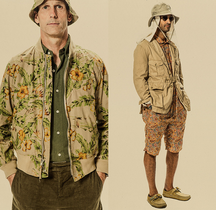 Engineered Garments New York 2015 Spring Summer Mens Lookbook Presentation - Designer Daiki Suzuki - Denim Jeans Stripes Field Bomber Safari Jacket Sneakers Bucket Hat Chambray Desert Military Workwear Vest Waistcoat Wide Leg Loose Baggy Shorts Harem Pants Trousers Sandals Outerwear Parka Coat Blazer Sportcoat Cargo Pockets Cropped Pants Flowers Foliage Seersucker Khaki Loafers Banded Strap Paisley Hoodie Onesie Jumpsuit Coveralls Overalls