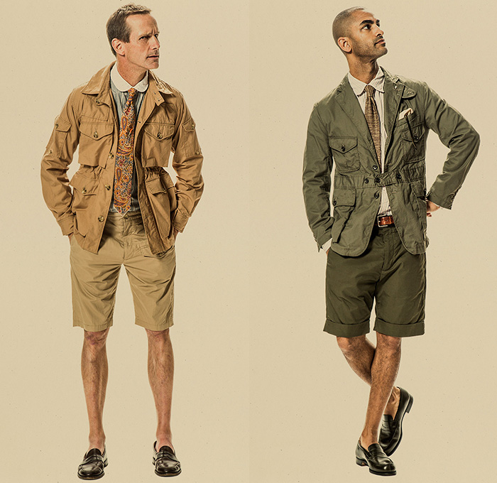 Engineered Garments New York 2015 Spring Summer Mens Lookbook Presentation - Designer Daiki Suzuki - Denim Jeans Stripes Field Bomber Safari Jacket Sneakers Bucket Hat Chambray Desert Military Workwear Vest Waistcoat Wide Leg Loose Baggy Shorts Harem Pants Trousers Sandals Outerwear Parka Coat Blazer Sportcoat Cargo Pockets Cropped Pants Flowers Foliage Seersucker Khaki Loafers Banded Strap Paisley Hoodie Onesie Jumpsuit Coveralls Overalls