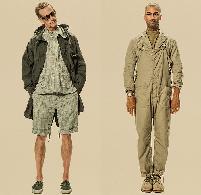 Engineered Garments New York 2015 Spring Summer Mens Lookbook Presentation - Designer Daiki Suzuki - Denim Jeans Stripes Field Bomber Safari Jacket Sneakers Bucket Hat Chambray Desert Military Workwear Vest Waistcoat Wide Leg Loose Baggy Shorts Harem Pants Trousers Sandals Outerwear Parka Coat Blazer Sportcoat Cargo Pockets Cropped Pants Flowers Foliage Seersucker Khaki Loafers Banded Strap Paisley Hoodie Onesie Jumpsuit Coveralls Overalls