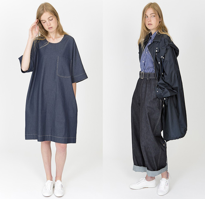 E. Tautz 2015 Spring Summer Womens Lookbook Presentation - London Fashion Week British UK United Kingdom - Denim Jeans Dress High Waist Naval Maritime Marine Sailor Nautical Uniform Roomy Tunic Linen Stripes Oversized Sneakers Outerwear Parka Wide Leg Palazzo Pants Trousers Loungewear Blazer