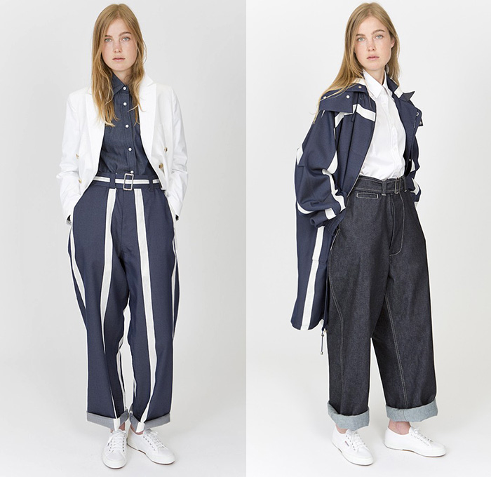 E. Tautz 2015 Spring Summer Womens Lookbook Presentation - London Fashion Week British UK United Kingdom - Denim Jeans Dress High Waist Naval Maritime Marine Sailor Nautical Uniform Roomy Tunic Linen Stripes Oversized Sneakers Outerwear Parka Wide Leg Palazzo Pants Trousers Loungewear Blazer