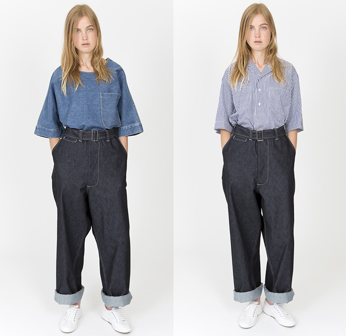 E. Tautz 2015 Spring Summer Womens Lookbook Presentation - London Fashion Week British UK United Kingdom - Denim Jeans Dress High Waist Naval Maritime Marine Sailor Nautical Uniform Roomy Tunic Linen Stripes Oversized Sneakers Outerwear Parka Wide Leg Palazzo Pants Trousers Loungewear Blazer