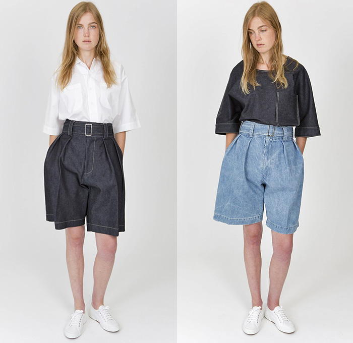 E. Tautz 2015 Spring Summer Womens Lookbook Presentation - London Fashion Week British UK United Kingdom - Denim Jeans Dress High Waist Naval Maritime Marine Sailor Nautical Uniform Roomy Tunic Linen Stripes Oversized Sneakers Outerwear Parka Wide Leg Palazzo Pants Trousers Loungewear Blazer