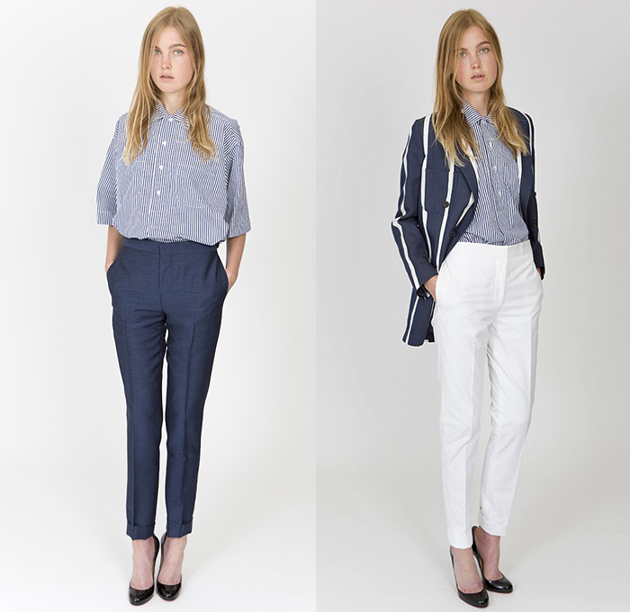 E. Tautz 2015 Spring Summer Womens Lookbook Presentation - London Fashion Week British UK United Kingdom - Denim Jeans Dress High Waist Naval Maritime Marine Sailor Nautical Uniform Roomy Tunic Linen Stripes Oversized Sneakers Outerwear Parka Wide Leg Palazzo Pants Trousers Loungewear Blazer