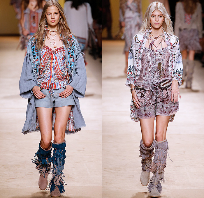 Etro 2015 Spring Summer Womens Runway Looks - Milano Moda Donna Collezione Milan Fashion Week Italy Camera Nazionale della Moda Italiana - 1970s Seventies Hippie Boho Bohemian Chic Denim Jeans Drapery Prints Graphic Tribal Fringes Poncho Wrap Ruffles Native American Ornamental Print Decorative Art Embroidery Outerwear Jacket Printed Jeans Braid Shorts Boots Gladiator Chunky Knit Shawl Noodle Spaghetti Strap Maxi Dress