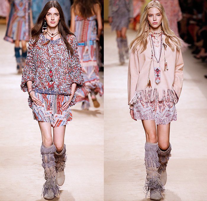 Etro 2015 Spring Summer Womens Runway Looks - Milano Moda Donna Collezione Milan Fashion Week Italy Camera Nazionale della Moda Italiana - 1970s Seventies Hippie Boho Bohemian Chic Denim Jeans Drapery Prints Graphic Tribal Fringes Poncho Wrap Ruffles Native American Ornamental Print Decorative Art Embroidery Outerwear Jacket Printed Jeans Braid Shorts Boots Gladiator Chunky Knit Shawl Noodle Spaghetti Strap Maxi Dress