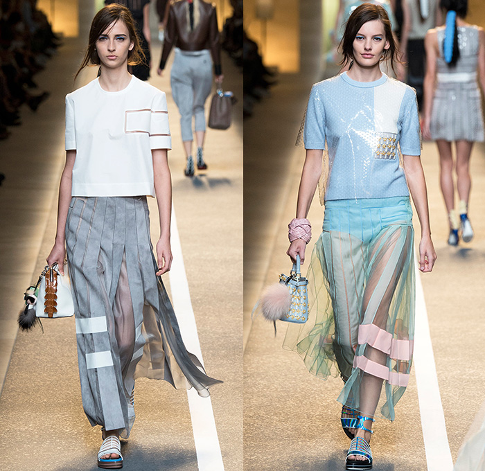 Fendi 2015 Spring Summer Womens Runway Looks - Milano Moda Donna Collezione Milan Fashion Week Italy Camera Nazionale della Moda Italiana - Orchid Cutout Dress Frock Mesh Plastic Half Skirt Asymmetrical Hem Shoulder Jodhpurs Breeches Horse Riding Equestrian Pants Ombre Ribbon Sash Waist Sheer Chiffon Drawstring Fringes Crop Top Bandeau Top Accordion Pleats Multi-Panel 3D Embellishments Adornments Bejeweled Feathers