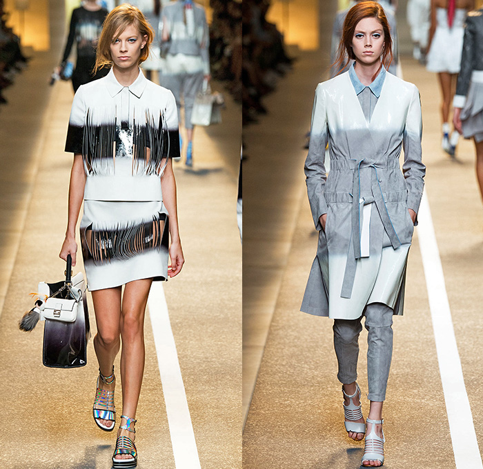 Fendi 2015 Spring Summer Womens Runway Looks - Milano Moda Donna Collezione Milan Fashion Week Italy Camera Nazionale della Moda Italiana - Orchid Cutout Dress Frock Mesh Plastic Half Skirt Asymmetrical Hem Shoulder Jodhpurs Breeches Horse Riding Equestrian Pants Ombre Ribbon Sash Waist Sheer Chiffon Drawstring Fringes Crop Top Bandeau Top Accordion Pleats Multi-Panel 3D Embellishments Adornments Bejeweled Feathers