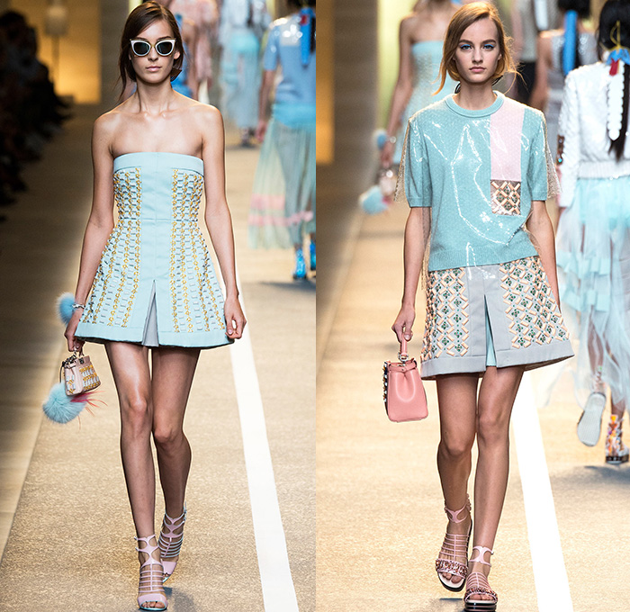 Fendi 2015 Spring Summer Womens Runway Looks - Milano Moda Donna Collezione Milan Fashion Week Italy Camera Nazionale della Moda Italiana - Orchid Cutout Dress Frock Mesh Plastic Half Skirt Asymmetrical Hem Shoulder Jodhpurs Breeches Horse Riding Equestrian Pants Ombre Ribbon Sash Waist Sheer Chiffon Drawstring Fringes Crop Top Bandeau Top Accordion Pleats Multi-Panel 3D Embellishments Adornments Bejeweled Feathers