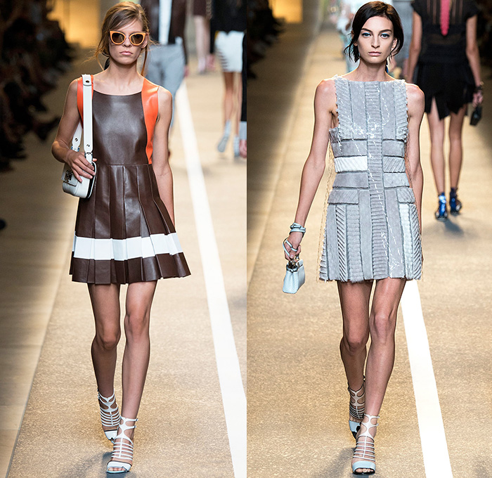 Fendi 2015 Spring Summer Womens Runway Looks - Milano Moda Donna Collezione Milan Fashion Week Italy Camera Nazionale della Moda Italiana - Orchid Cutout Dress Frock Mesh Plastic Half Skirt Asymmetrical Hem Shoulder Jodhpurs Breeches Horse Riding Equestrian Pants Ombre Ribbon Sash Waist Sheer Chiffon Drawstring Fringes Crop Top Bandeau Top Accordion Pleats Multi-Panel 3D Embellishments Adornments Bejeweled Feathers