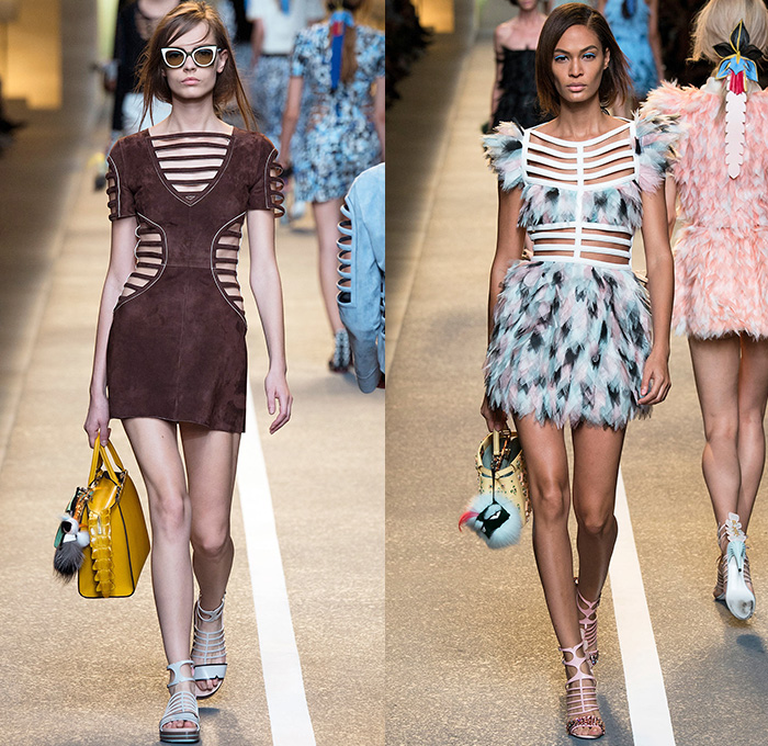 Fendi 2015 Spring Summer Womens Runway Looks - Milano Moda Donna Collezione Milan Fashion Week Italy Camera Nazionale della Moda Italiana - Orchid Cutout Dress Frock Mesh Plastic Half Skirt Asymmetrical Hem Shoulder Jodhpurs Breeches Horse Riding Equestrian Pants Ombre Ribbon Sash Waist Sheer Chiffon Drawstring Fringes Crop Top Bandeau Top Accordion Pleats Multi-Panel 3D Embellishments Adornments Bejeweled Feathers