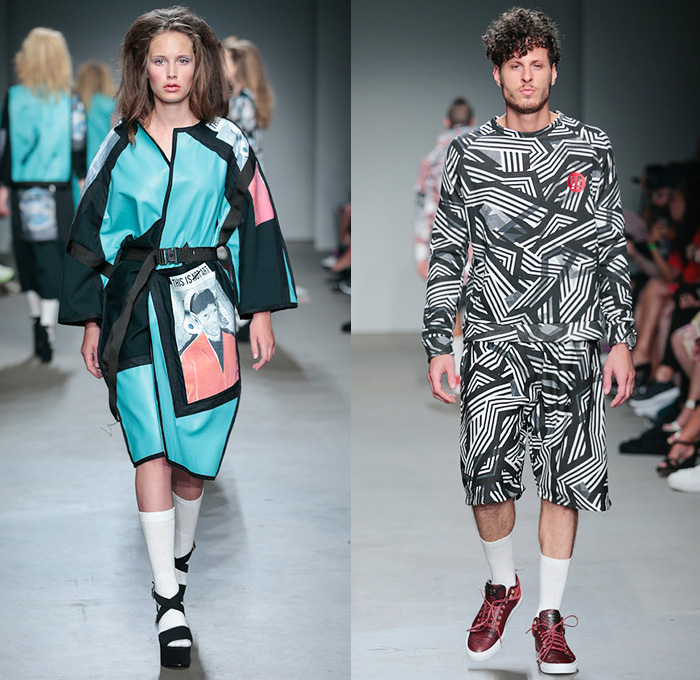 Franzel Amsterdam 2015 Spring Summer Mens Womens Runway Looks - FashionWeek Nederland Netherlands - Shirtdress Tankdress Outerwear Coat Pop Art Digital Print Portrait Paintings Socks with Sandals Stallion Horse Button Down Shirt Shorts Graphic Sneakers Trainers Bomber Jacket Coke Coca-Cola Campbells Canned Goods Belted Waist Colorblock Geometric Sweater Jumper Parka Hoodie Jacket Stripes Bucket Hat Cropped