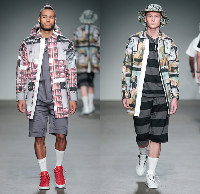 Franzel Amsterdam 2015 Spring Summer Mens Womens Runway Looks - FashionWeek Nederland Netherlands - Shirtdress Tankdress Outerwear Coat Pop Art Digital Print Portrait Paintings Socks with Sandals Stallion Horse Button Down Shirt Shorts Graphic Sneakers Trainers Bomber Jacket Coke Coca-Cola Campbells Canned Goods Belted Waist Colorblock Geometric Sweater Jumper Parka Hoodie Jacket Stripes Bucket Hat Cropped