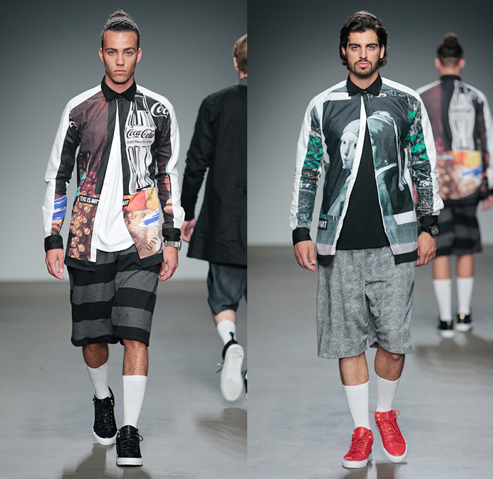 Franzel Amsterdam 2015 Spring Summer Mens Womens Runway Looks - FashionWeek Nederland Netherlands - Shirtdress Tankdress Outerwear Coat Pop Art Digital Print Portrait Paintings Socks with Sandals Stallion Horse Button Down Shirt Shorts Graphic Sneakers Trainers Bomber Jacket Coke Coca-Cola Campbells Canned Goods Belted Waist Colorblock Geometric Sweater Jumper Parka Hoodie Jacket Stripes Bucket Hat Cropped