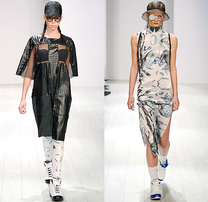 Franziska Michael 2015 Spring Summer Mens Womens Runway Looks - Mercedes-Benz Fashion Week Berlin Germany Deutschland Frühjahr Sommer Kollektionen 2015 - Mesh Perforated Holes Multi-Panel Leggings Crop Top Midriff Dress Liquefied Foil Metallic Copper Poodle Circle Circular Skirt Dress Miniskirt Oversized Coat Outerwear Compression Cycling Shorts Bucket Hat Robe Slouchy Pants Trousers Loose Shorts Over Leggings High Tops Trainers