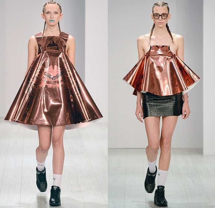 Franziska Michael 2015 Spring Summer Mens Womens Runway Looks - Mercedes-Benz Fashion Week Berlin Germany Deutschland Frühjahr Sommer Kollektionen 2015 - Mesh Perforated Holes Multi-Panel Leggings Crop Top Midriff Dress Liquefied Foil Metallic Copper Poodle Circle Circular Skirt Dress Miniskirt Oversized Coat Outerwear Compression Cycling Shorts Bucket Hat Robe Slouchy Pants Trousers Loose Shorts Over Leggings High Tops Trainers