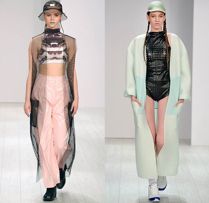 Franziska Michael 2015 Spring Summer Mens Womens Runway Looks - Mercedes-Benz Fashion Week Berlin Germany Deutschland Frühjahr Sommer Kollektionen 2015 - Mesh Perforated Holes Multi-Panel Leggings Crop Top Midriff Dress Liquefied Foil Metallic Copper Poodle Circle Circular Skirt Dress Miniskirt Oversized Coat Outerwear Compression Cycling Shorts Bucket Hat Robe Slouchy Pants Trousers Loose Shorts Over Leggings High Tops Trainers