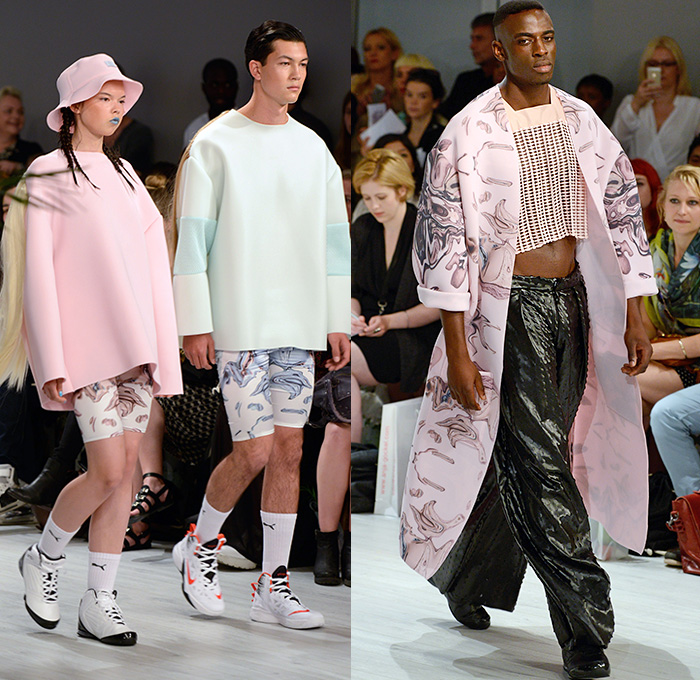 Franziska Michael 2015 Spring Summer Mens Womens Runway Looks - Mercedes-Benz Fashion Week Berlin Germany Deutschland Frühjahr Sommer Kollektionen 2015 - Mesh Perforated Holes Multi-Panel Leggings Crop Top Midriff Dress Liquefied Foil Metallic Copper Poodle Circle Circular Skirt Dress Miniskirt Oversized Coat Outerwear Compression Cycling Shorts Bucket Hat Robe Slouchy Pants Trousers Loose Shorts Over Leggings High Tops Trainers