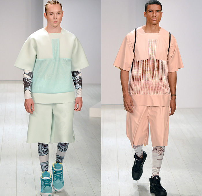Franziska Michael 2015 Spring Summer Mens Womens Runway Looks - Mercedes-Benz Fashion Week Berlin Germany Deutschland Frühjahr Sommer Kollektionen 2015 - Mesh Perforated Holes Multi-Panel Leggings Crop Top Midriff Dress Liquefied Foil Metallic Copper Poodle Circle Circular Skirt Dress Miniskirt Oversized Coat Outerwear Compression Cycling Shorts Bucket Hat Robe Slouchy Pants Trousers Loose Shorts Over Leggings High Tops Trainers