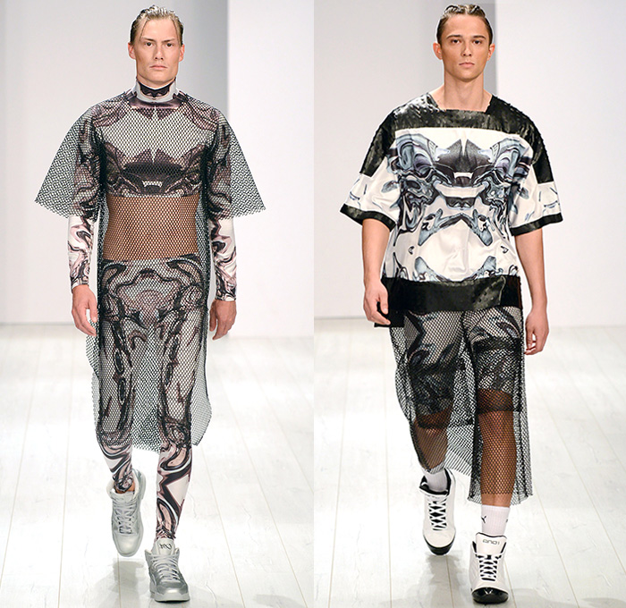 Franziska Michael 2015 Spring Summer Mens Womens Runway Looks - Mercedes-Benz Fashion Week Berlin Germany Deutschland Frühjahr Sommer Kollektionen 2015 - Mesh Perforated Holes Multi-Panel Leggings Crop Top Midriff Dress Liquefied Foil Metallic Copper Poodle Circle Circular Skirt Dress Miniskirt Oversized Coat Outerwear Compression Cycling Shorts Bucket Hat Robe Slouchy Pants Trousers Loose Shorts Over Leggings High Tops Trainers