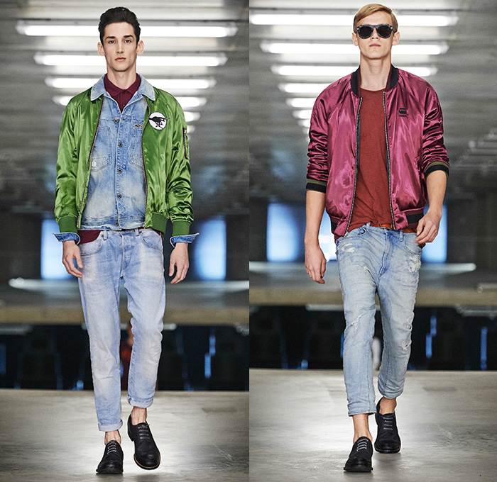 G-Star RAW Amsterdam 2015 Spring Summer Mens Runway Catwalk Looks - Denim Jeans Bomber Jacket Metallic Camouflage Geometric Dots Tapered Slim Parka Knee Panels Cargo Utility Pockets Jogger Sweatpants Elastic Hem Shorts Blazer Outerwear Coat Knee High Socks