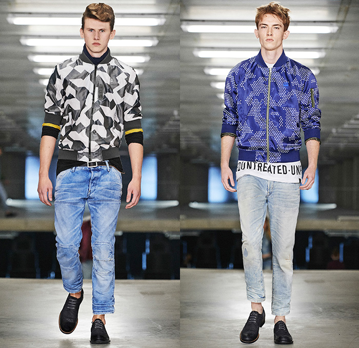 G-Star RAW Amsterdam 2015 Spring Summer Mens Runway Catwalk Looks - Denim Jeans Bomber Jacket Metallic Camouflage Geometric Dots Tapered Slim Parka Knee Panels Cargo Utility Pockets Jogger Sweatpants Elastic Hem Shorts Blazer Outerwear Coat Knee High Socks