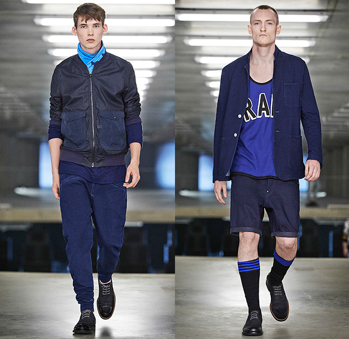 G-Star RAW Amsterdam 2015 Spring Summer Mens Runway Catwalk Looks - Denim Jeans Bomber Jacket Metallic Camouflage Geometric Dots Tapered Slim Parka Knee Panels Cargo Utility Pockets Jogger Sweatpants Elastic Hem Shorts Blazer Outerwear Coat Knee High Socks