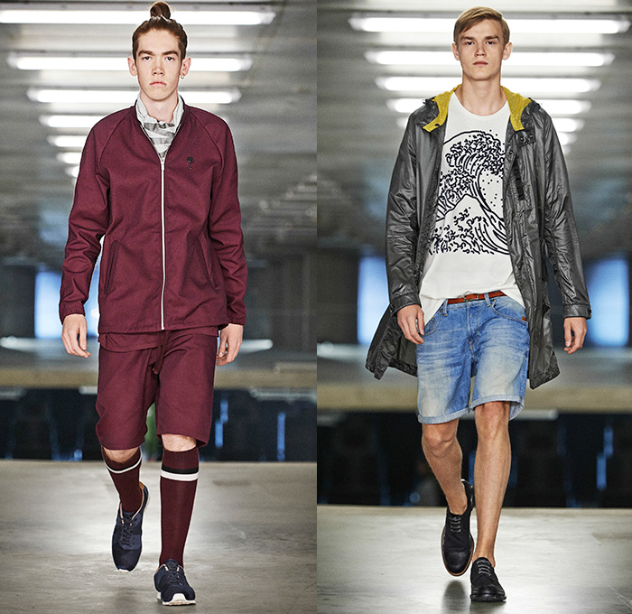 G-Star RAW Amsterdam 2015 Spring Summer Mens Runway Catwalk Looks - Denim Jeans Bomber Jacket Metallic Camouflage Geometric Dots Tapered Slim Parka Knee Panels Cargo Utility Pockets Jogger Sweatpants Elastic Hem Shorts Blazer Outerwear Coat Knee High Socks