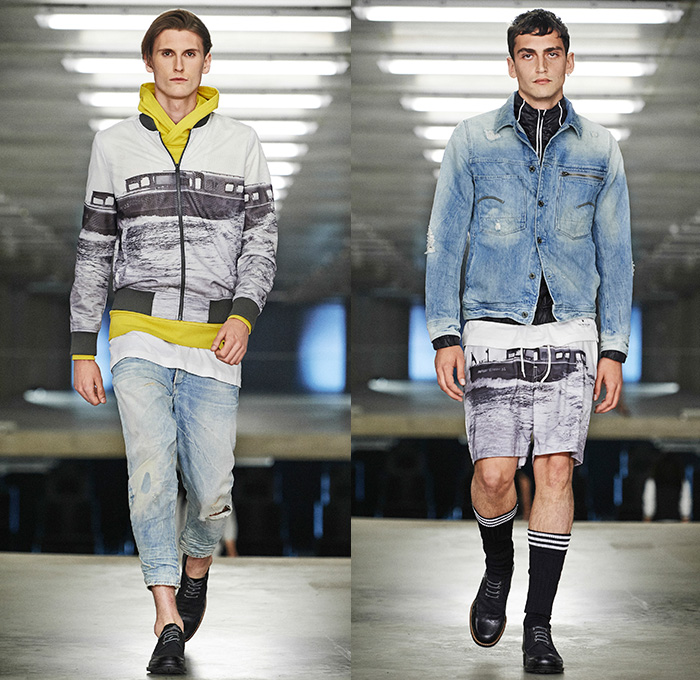 G-Star RAW Amsterdam 2015 Spring Summer Mens Runway Catwalk Looks - Denim Jeans Bomber Jacket Metallic Camouflage Geometric Dots Tapered Slim Parka Knee Panels Cargo Utility Pockets Jogger Sweatpants Elastic Hem Shorts Blazer Outerwear Coat Knee High Socks